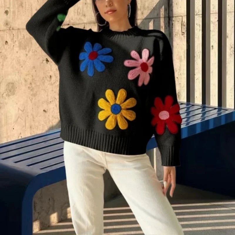 Black Friday JazzHer Crochet Flower Pullover Knitted Sweater Women's Fashion Loose Lantern Long Sleeve Embroidery Knit Top Streetwear Fashion