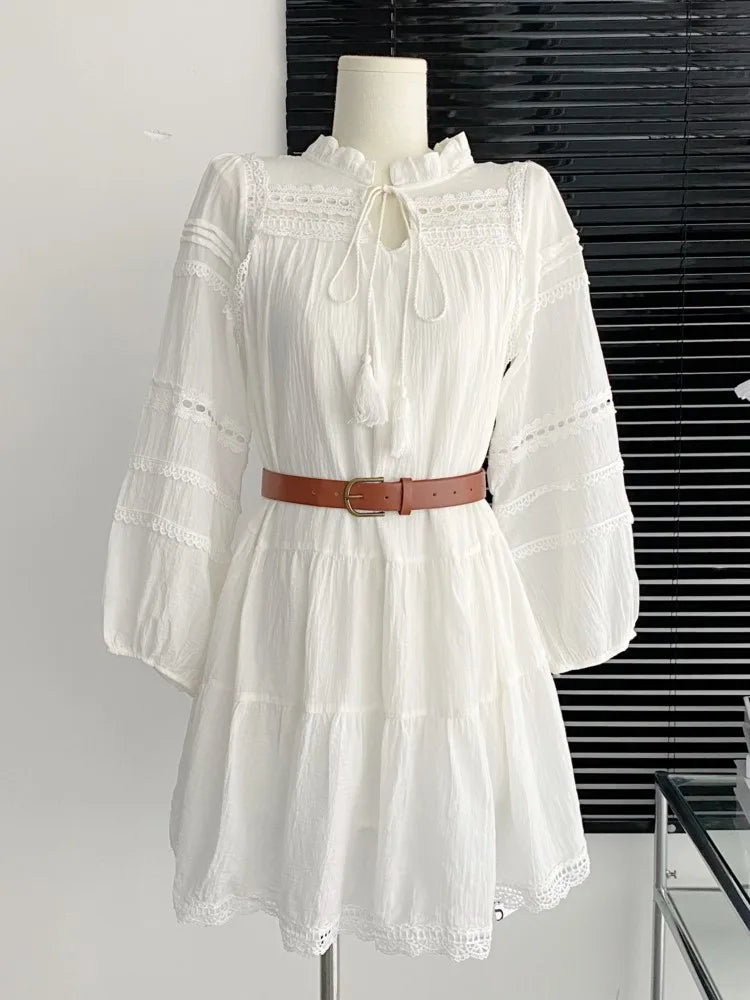 JazzHer-Elegant Hollow-out White Dresses For Women Simmer New Lantern Sleeve With Belt Mini Dress French Style Shirt Vestidos 2024