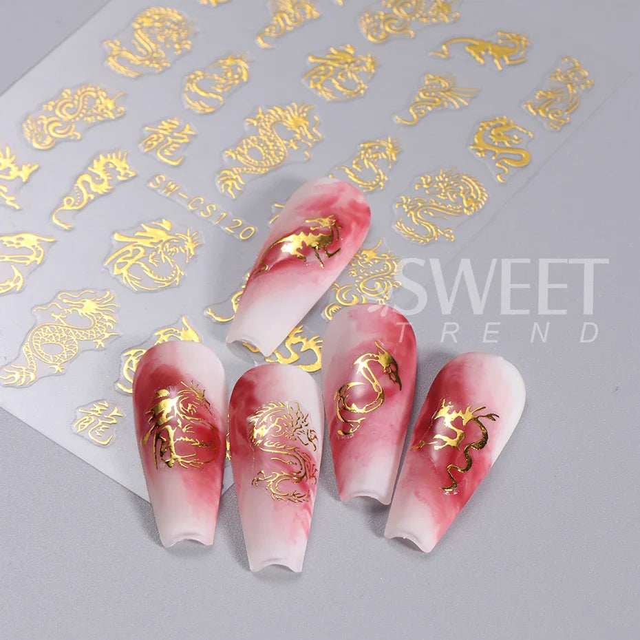 JazzHer 3D Bronzing Laser Silver Dragon Nail Sticker Gold Letter Dragon Design Holographic New Year DIY Manicure Decals Nail Decorations