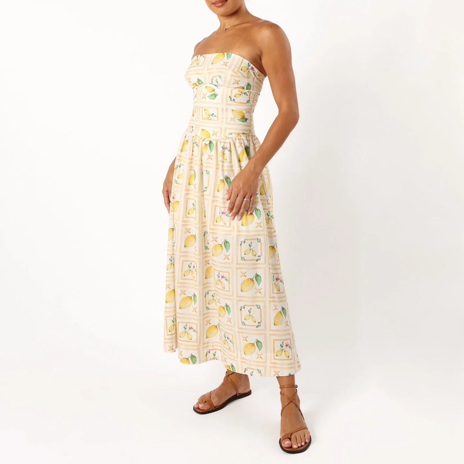 JazzHer Women Lemon Print Spaghetti Strap Slim Dress Sexy Sleeveless Backless Party Maxi Dress Summer Boho Beach Sundress New