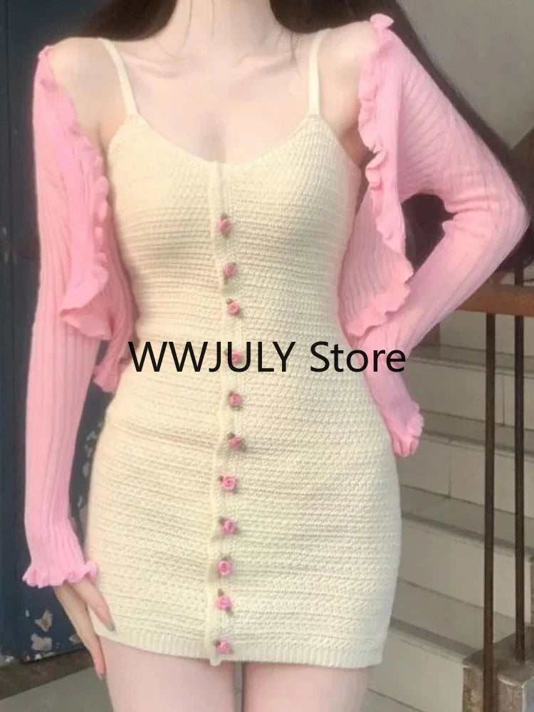 JazzHer 2024 Fall Fashion 2024 Autumn Korea Fashion Suit Sweet Slim 2 Piece Set Skirt Pink Short Sweater Cardigan Bodycon Sexy Strap Mini Dress Party Chic