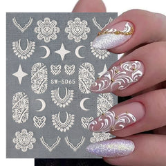 JazzHer Acrylic Filigree Lace 5D Nail Embossed Stickers Textured Flowers Design Classic Line Brown Star Moon Decal Manicure Decor LYSW5D