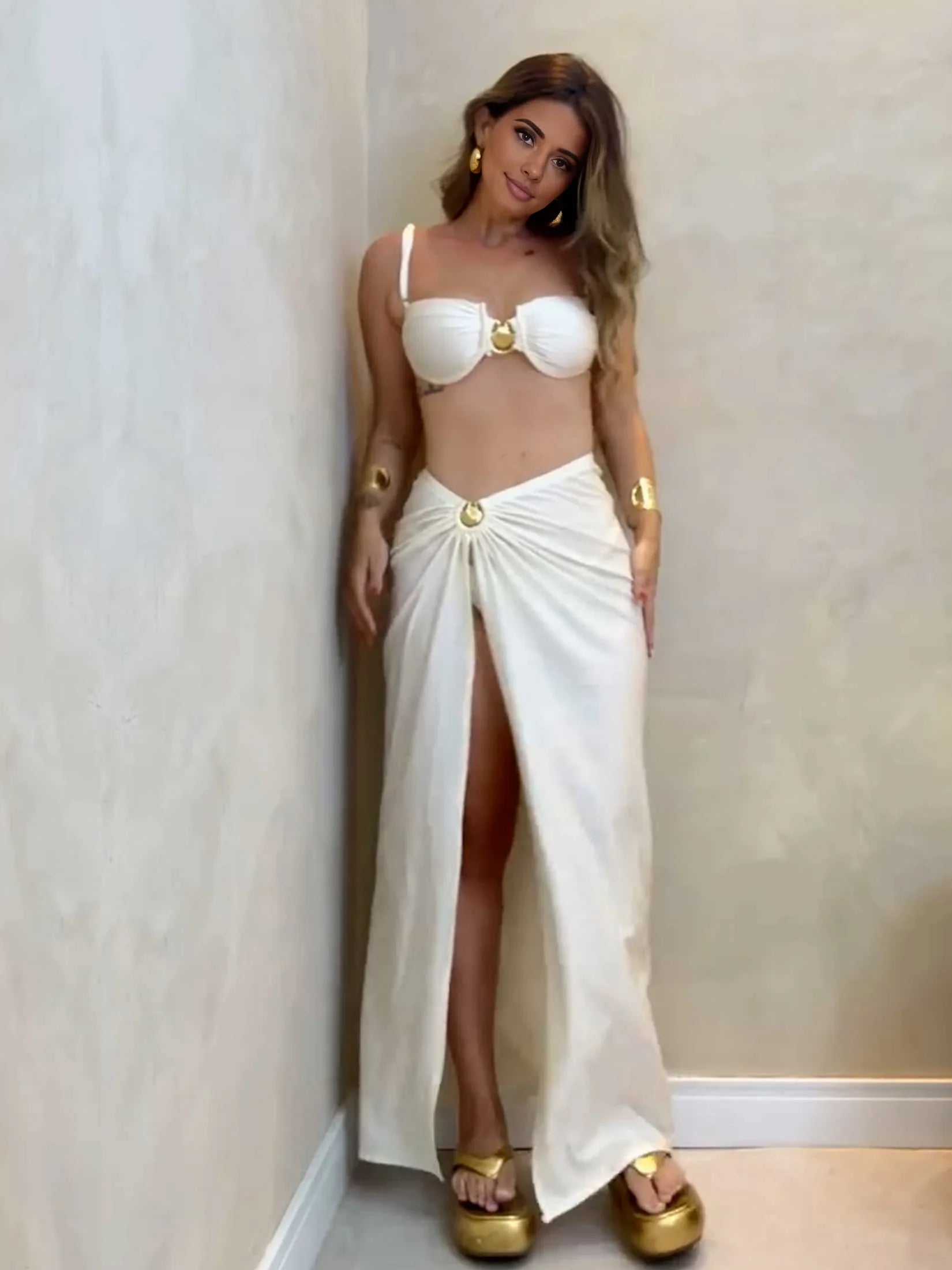 JazzHer Women Swimsuit Sets Push Up Monokini Bathing Suit 3 Piece White Bikinis 2025 New Beach Dress Metal Ring Biquini Beachwear S239