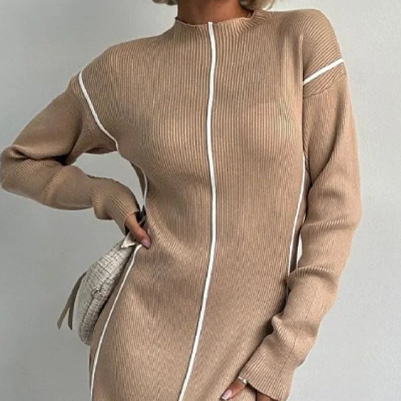 JazzHer Elegant Line Knitted Dress For Women Slim Fit Hip-Covering Long Sleeve Round Neck Long Dresses 2024 Autumn Commuting New