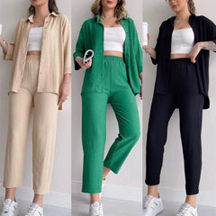 JazzHer Pant Sets Women Green Two Pieces Set Long Sleeve Lapel Button Shirt Loose Wide Leg Trouser Outfits Work Sporty Suits Y2k