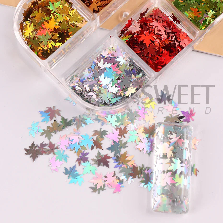 JazzHer 6 Grids 3D Maple Leaves Nail Art Sequin Holographic Gold Red Leaf Paillettes Part Flake Slice Fall Glitter Manicure Decoration