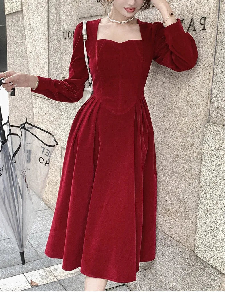 JazzHer Dress Women Autumn Long Dresses Solid Tight Waist Full Sleeve Square Collar Splice Pockets Vestidos Elegant Temperament A Line