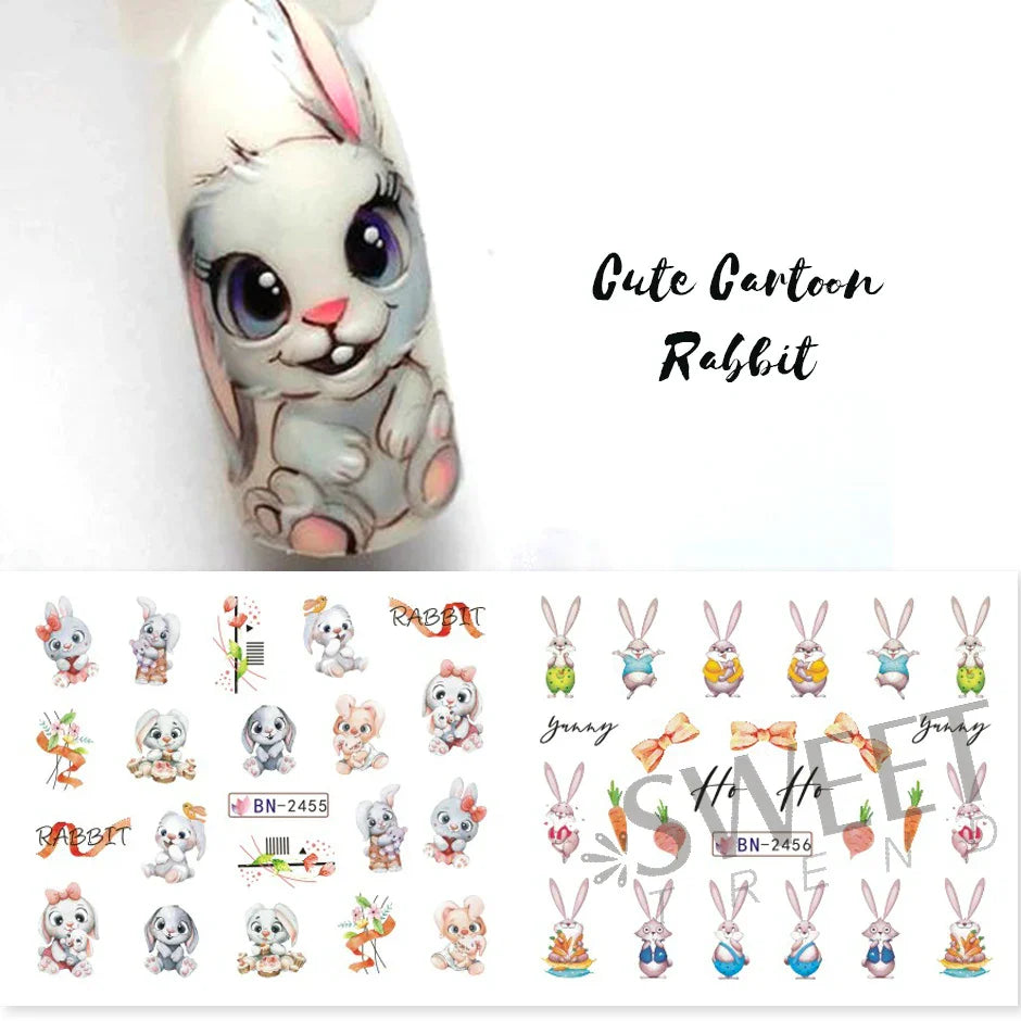 JazzHer Cute Rabbit New Year Nail Stickers 3D Cartoon Wisdom Bunny Transfer Sliders Spring Flowers Watercolor Anime Manicure Decals LYBN