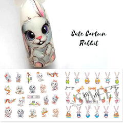 JazzHer Cute Rabbit New Year Nail Stickers 3D Cartoon Wisdom Bunny Transfer Sliders Spring Flowers Watercolor Anime Manicure Decals LYBN