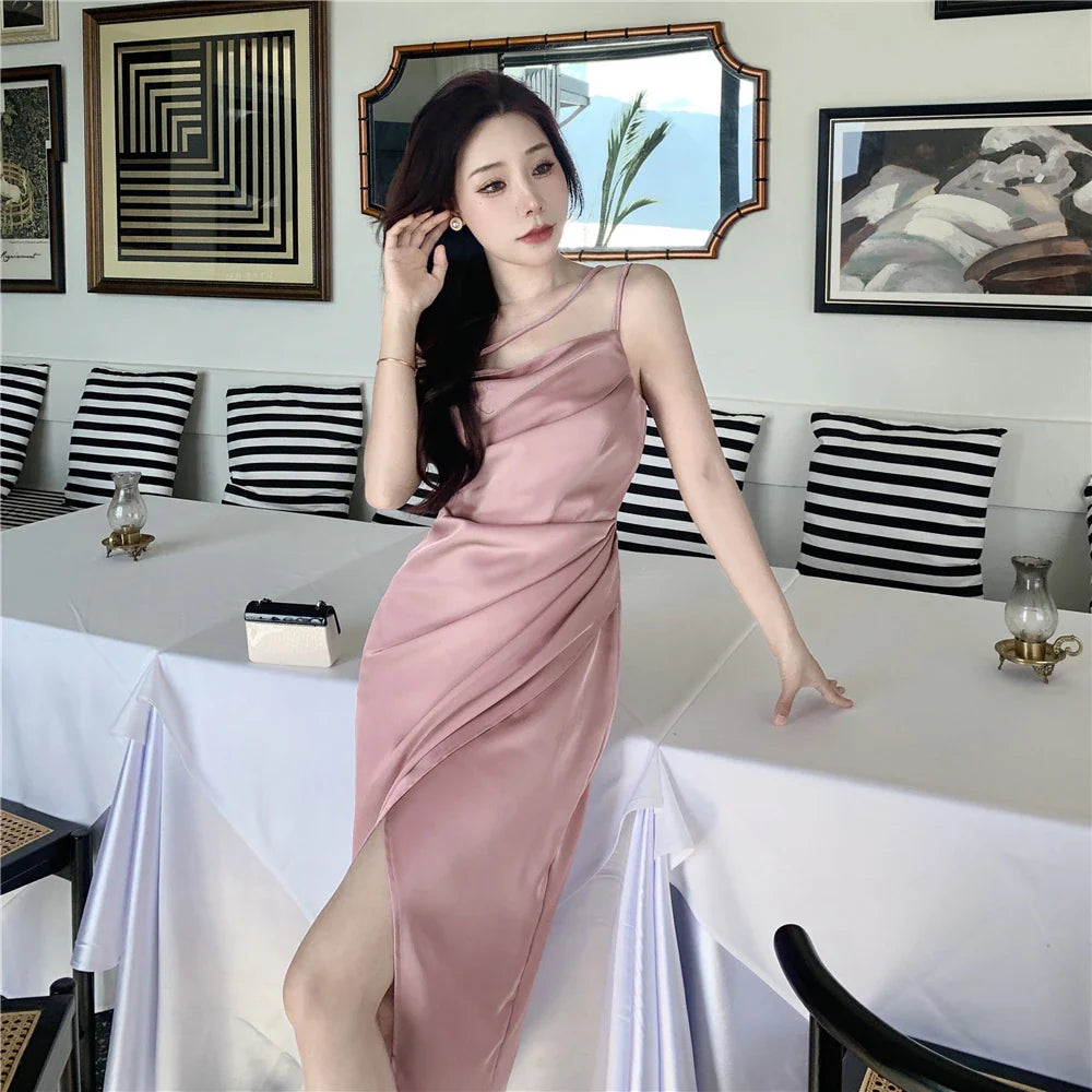 JazzHer Summer Elegant Satin Graduation Party Midi Dress Women France Chic Slim Spaghetti Straps Robe Korean Folds Clothes