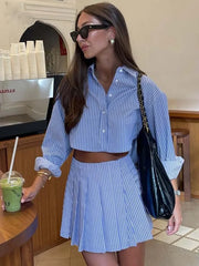 JazzHer Fashion Blue Striped Print Suit For Women Elegant Long Sleeve Button Crop Tops And High Waist Pleated Skirts 2 Pieces Set