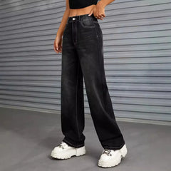 JazzHer Ankle Length Denim Pants Mid Waist Straight Jeans Loose Fit Pockets Zipper Fly Streetwear Autumn 2024 Spliced Solid Washed