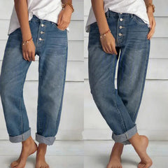 JazzHer Jeans Straight Pants Women Denim Spliced Button Loose Pockets High Waist Wash Ankle Length 2024 Vintage Distressed Basics