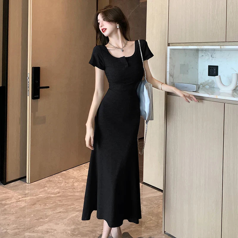 JazzHer-Solid Simple Bodycon Dresses for Women 2024 Midi Square Neck Short Sleeve Office Lady Vestidos Waist Black Dress Party Birthday