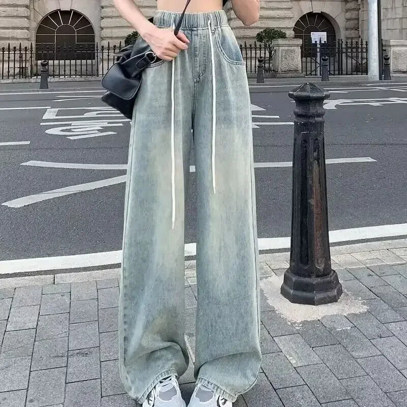 JazzHer Vintage Drawstring Jeans Women Straight Wide Leg Pants High Waist Pockets Full Length Trousers 2024 Female Denims Streetwear