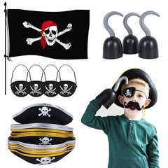 JazzHer Pirate Captain Cosplay Costume Props Pirate Hat Hook Hand Flag Balloons For Halloween Kids Birthday Party Decoration Supplies