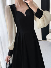 JazzHer Fashion Dresses for Women Long Sleeve Party French Style Dress Solid Square Collar Midi Zipper 2023 New Spring Summer Dress