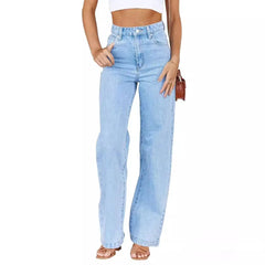 JazzHer Women Jeans Straight Pants Denim Washing High Waist Loose Fit Pockets Button Basics Wide Leg Trousers Solid Color 2024 Casual