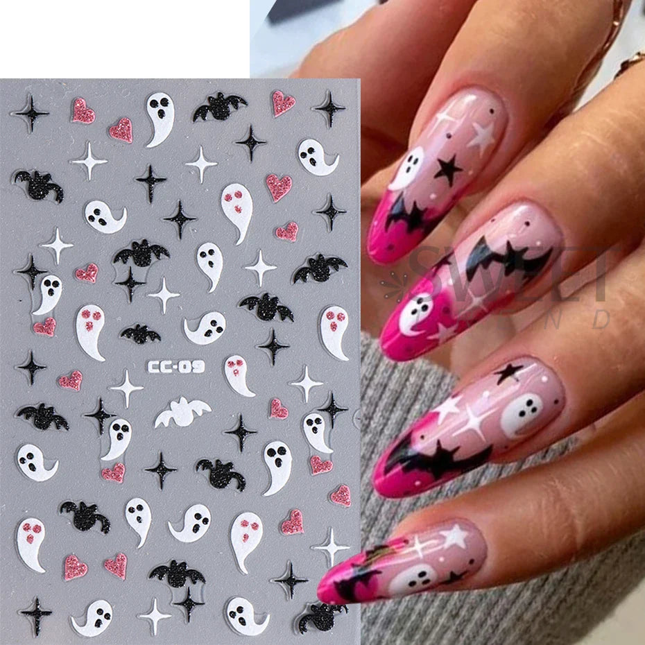 JazzHer 3D Luminous Halloween Ghost Nail Art Stickers Spider Web Bat Self-adhesive Sliders Nail Glowing in the Dark Manicure Decoration