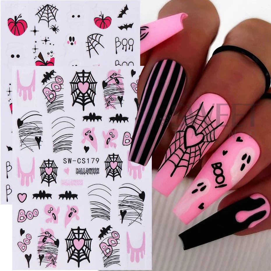 JazzHer Halloween 3D Nail Art Stickers Pink Ghost Pumpkin Spider Web Sliders Scorpion Bat Dripping Blood Decals Decorations Manicure