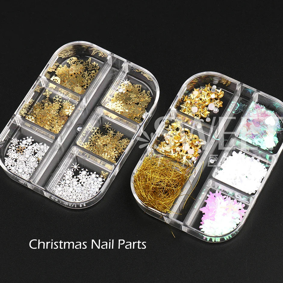 JazzHer Xmas Metallic Nail Art Sequins Gold Snowflakes Star Moon Shape Rivet Mixed Christmas Decoration DIY Charms Accessory Parts LYS14