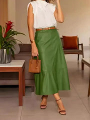 JazzHer Women Skirt Sets Long Skirts High Waist Sleeveless Stand Collar Shirts Solid Slim Fit Pocket A Line Elegant Summer 2024