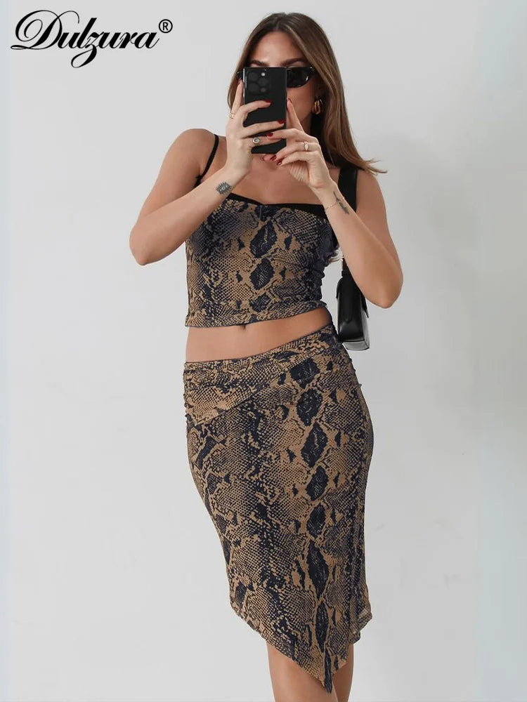 JazzHer Matching Suit Snake Print Spaghetti Halter Crop Top Vest Midi Skirt 2024 Summer Women Party Club Cloth Bodycon Birthday