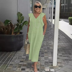 JazzHer Women Dresses V Neck Puff Sleeve Solid Pullover Party Dress Ankle Length Vestidos Loose Fit Casual Straight Pockets 2024