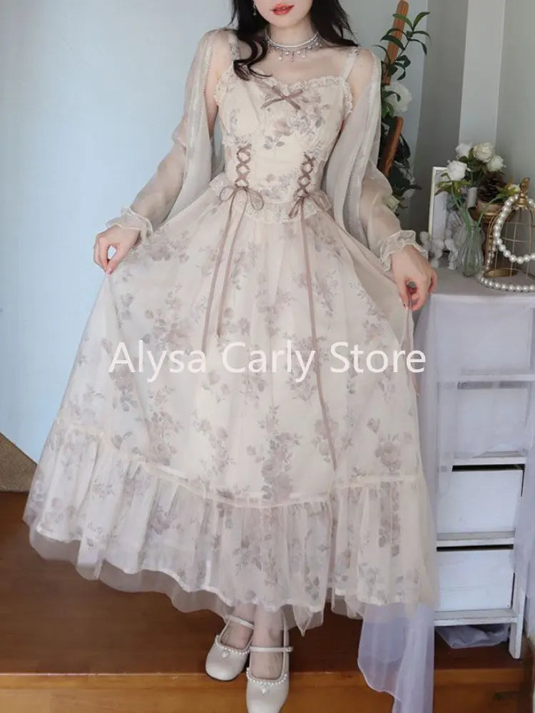 JazzHer Vintage Elegant Floral Dress Women Sweet Ruffles Mesh Fairy Strap Dress Female 2023 Summer Court Retro Evening Party Dress Sexy