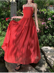 JazzHer New Summer Long Dresses for Women Solid Holiday Beach Style Spaghetti Strap A-line Backless Party Dress Casual Robe Vestido