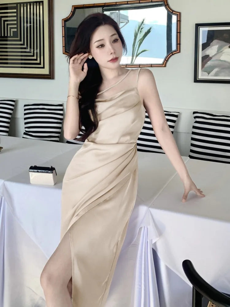 JazzHer Summer Elegant Satin Graduation Party Midi Dress Women France Chic Slim Spaghetti Straps Robe Korean Folds Clothes