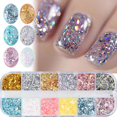 JazzHer 6/12 Grids Mermaid Gradient 3D Glitter Pallette Nail Art Irregular Broken Glass Flake Sequin Crystal Acrylic Nails Decor LYJX03