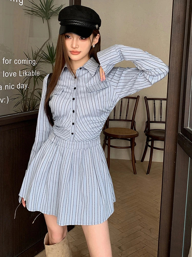 JazzHer-Elegant Vintage Blue Striped Women Mini Dresses Autumn Fashion 2024 New Pleated Long Sleeve Holiday Party Shirt Dress Korean