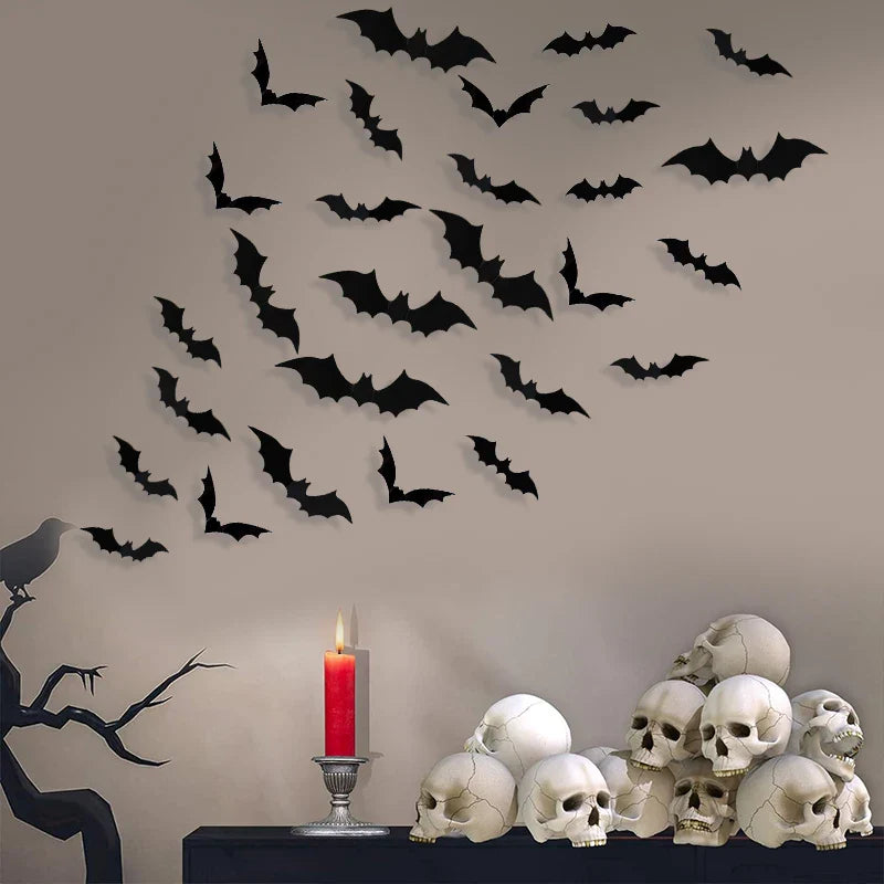 JazzHer 12-120Pcs 3D Black Bat Wall Stickers For Halloween Party Home Indoor Yard Decoration Scary Props Kids Room DIY Wall Decals