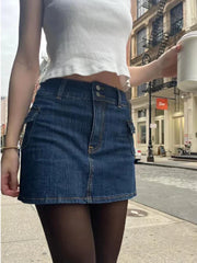 JazzHer-Vintage Denim Skirt Women Streetwear High Waist A-line Slim Pockets Patchwork Jean Mini Skirt Summer Y2k Korean Fashion