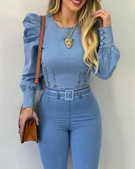 JazzHer Denim Blue Women blouse Round Neck Puff Sleeve Corset Top Long Sleeve Shirt Sexy Tops Blouses Denim Top Shirt Sweetheart Slim