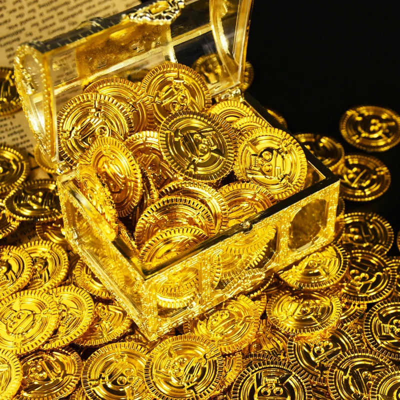 JazzHer 50/100Pcs Pirate Gold Coins Kids Pirate Birthday Party Decoration Favors Gift Halloween Cosplay Props Supply Fake Coin Treasure