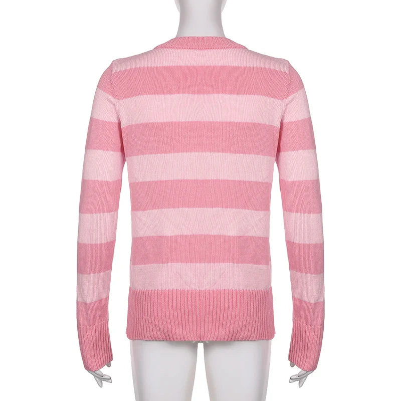 JazzHer Sweet Cute Pink Striped Long Sleeve Slim Fit Sweaters Preppy Button Up Knitted Cardigans Women Autumn Spring Knitwear Coat Tops