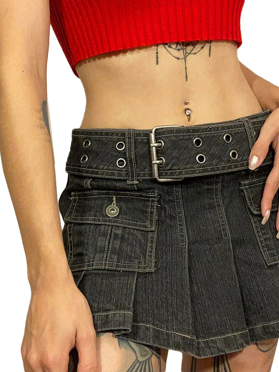 JazzHer-Women's Spring Summer Y2K Aesthetics Low Waist Mini Denim Skirt Solid Color Pleated Multi-pocket Skirt with Belt 2000s Club Wear