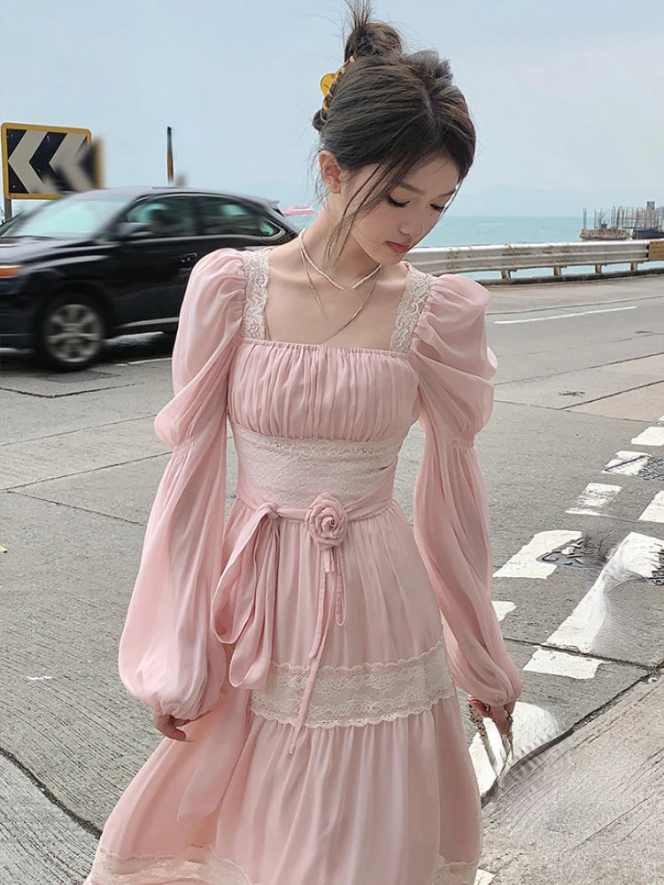 JazzHer 2024 Summer Woman French Elegant Lace Midi Dress Party Long Sleeve Korean Fashion Dress Beach Chiffon Fairy Slim Dress Chic