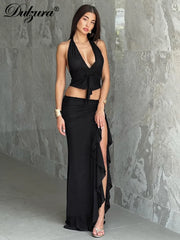 JazzHer Matching Suit Halter Solid Sleeveless Crop Top Vest High Side Slit Maxi Skirt Co Ords Set Streetwear 2024 Summer Outfits