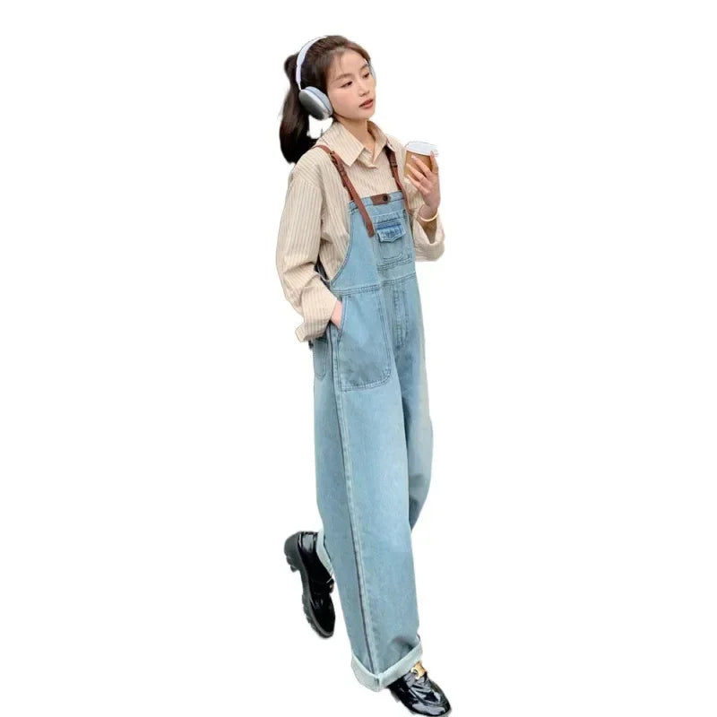 JazzHer Jeans Denim Women Wide Leg Pants Jumpsuits Overalls Loose Pockets Casual Washing Elegant Ankle Length Mid Waist One Piece