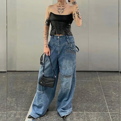 JazzHer Wide Leg Full Length Pants Jeans Women Spliced Denim Washed Vintage Loose Fit Solid Pockets High Waist Moto Biker 2024