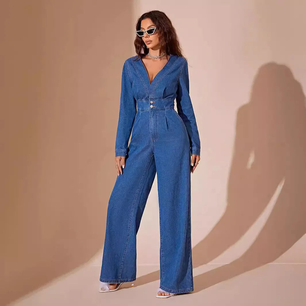 JazzHer V Neck Overalls Long Sleeve Denim Washed Jumpsuit High Waist Wide Leg Jeans Spliced Loose One Piece Streetwear 2024 Pockets