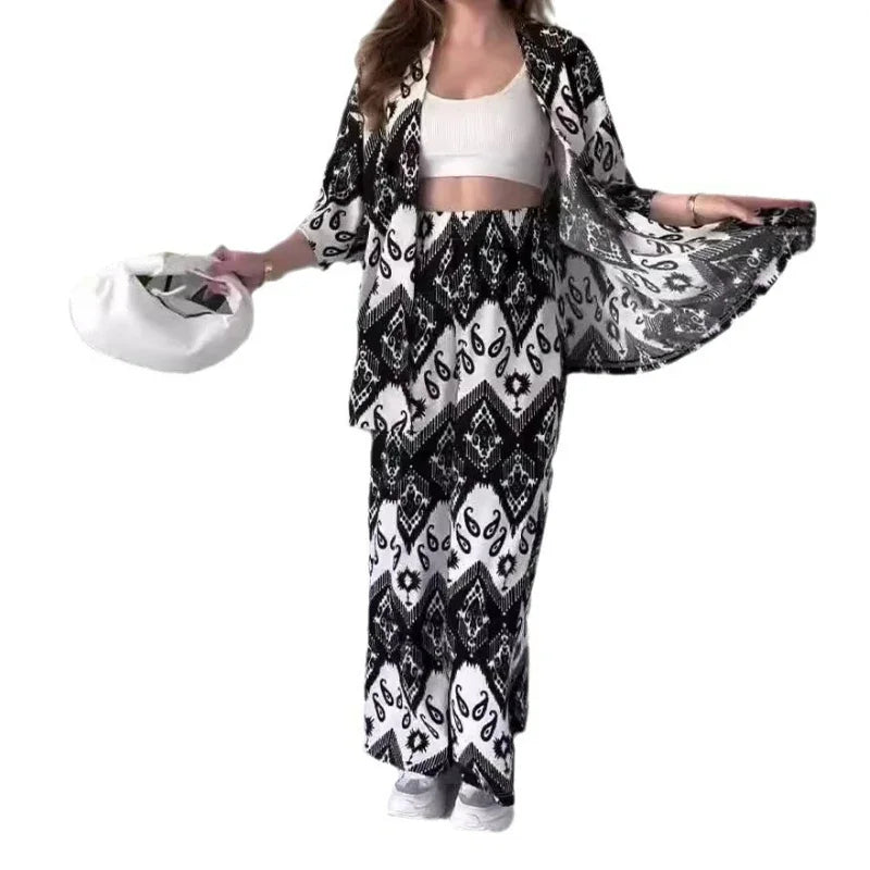 JazzHer Women Two Piece Sets Print Pant Set Cardigan V Neck Half Sleeve Shirt Tops Loose Casual Long Wide Leg Pants Summer 2024