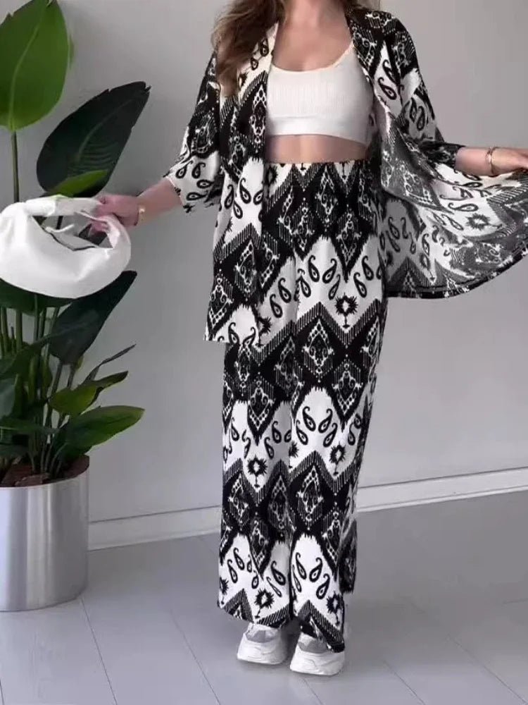 JazzHer Women Two Piece Sets Print Pant Set Cardigan V Neck Half Sleeve Shirt Tops Loose Casual Long Wide Leg Pants Summer 2024