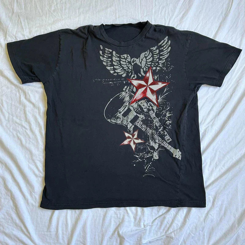 JazzHer Y2K Vintage Cyber Graphic T-shirt Halloween Retro Grunge Star Print Pullovers Tops Japanese Style Emo Short Sleeve Baggy Tees