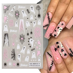 JazzHer Cartoon Ghost Nail Manicure Stickers Pink Spider Web Pumpkin Bat Design Adhesive Decals 2024 Halloween Holiday Cute Foils Wraps