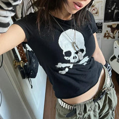 JazzHer Skeleton Print Black Crop Top 90s Vintage Harajuku Grunge Summer T-shirt Dark Academia Emo Alt Tees Women Streetwear