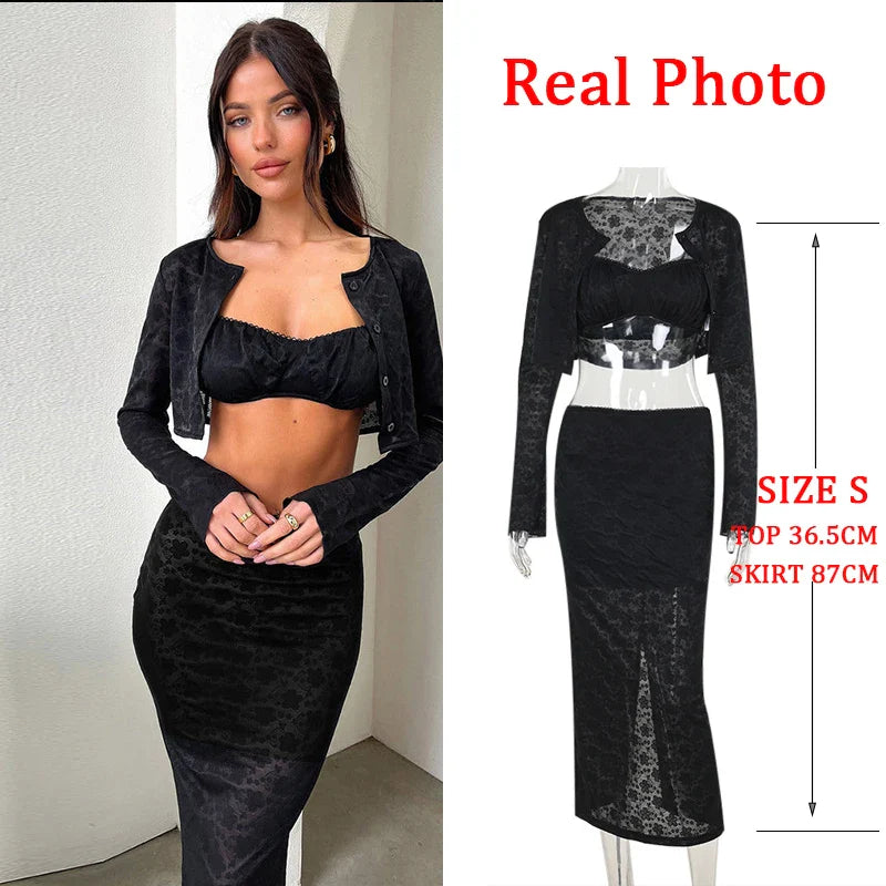 JazzHer White Lace Casual Sexy Two Piece Set 2025 Long Sleeve Top Ruffle Long Skirt Three Pieces Set Elegant 2 Piece Set Women